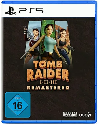 The image shows the cover art for the video game 'Tomb Raider I-II-III Remastered' for PlayStation 5.