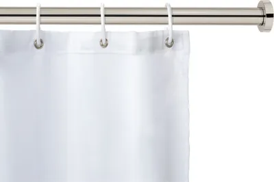 A white shower curtain hanging from a silver telescopic shower rod.