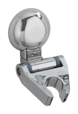 A chrome-plated shower head holder.