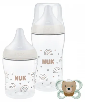 Zdjęcie produktu dla Zestaw prezentowy NUK "PERFECT MATCH" RAINBOW - 1 sztuka, butelki 150 ml / 260 ml, smoczek 0-2 miesiące, nr produktu: 10225353