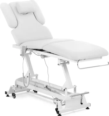 A white electric massage table with adjustable features, shown from a side angle against a white background.