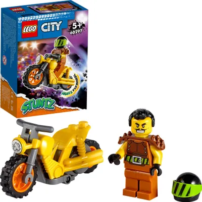 A LEGO City Stuntz Power-Stuntbike set, including the box, a toy motorcycle, a minifigure, and a helmet.