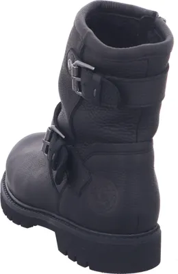 A black leather biker boot is shown from the back.
