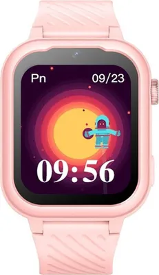 A pink smartwatch with a colorful space-themed watch face.