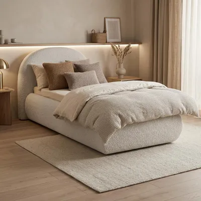 Produktbild von BEAUTYSOFA | Polsterbett MOTTI 90x200 cm - Einzelbett mit Bettkasten und gepolstertem Kopfteil - Bouclé Beige