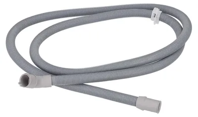 A gray corrugated drain hose for a dishwasher, laid out on a white background.