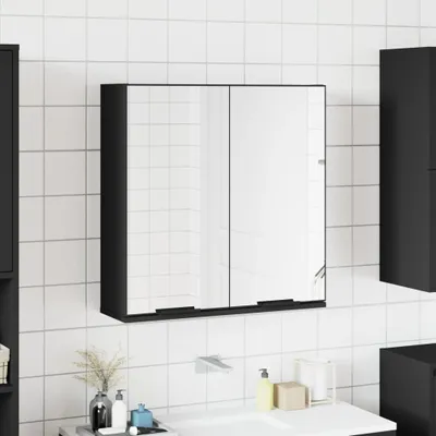 A bathroom cabinet with mirrored doors mounted on a tiled wall above a sink.
