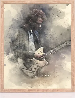 A watercolor-style illustration of a man playing an electric guitar.