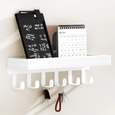 Productafbeelding van Sleutelbord met houten plank en 6 haken – Multifunctionele sleutelhouder met opbergruimte, geschikt voor de hal, slaapkamer en keuken