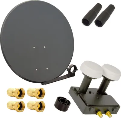 A collection of satellite dish components, including the dish itself, LNB, F-connectors, and cable protectors, arranged on a white background.