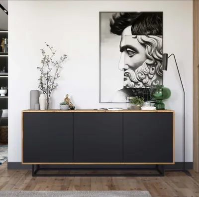 Produktbild von Meble Lindner TV-Sideboard Apollo, Wotan Eiche matt - Schwarz matt, Loft-Stil, 3D Modern, 0.72m x 1.68m x 0.35m, Push-to-Open, grifflose Türöffnung, geschweißte Gestelle, laminierte Möbelplatte, MDF, Metall, italienische Folie mit tiefem Matt-Effekt