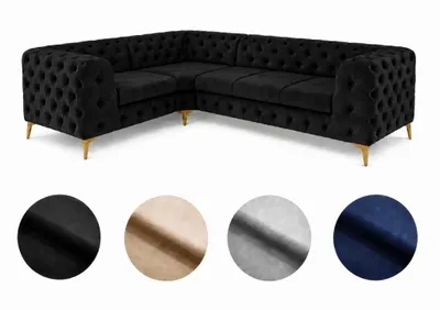Zdjęcie produktu dla Sofa narożna Moet w kształcie litery L, czarna, wymiary 202 x 323 cm – nowoczesny, wypoczynkowy, pikowany z wypełnieniem ze sprężyn Bonell