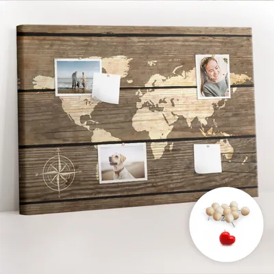 Produktbild von Korkwand mit Stecknadeln – Schwarzes Brett mit Stecknadeln für Fotos und Notizen – 100x70 cm – 100 Holz-Stecknadeln – Weltkarte aus Holz