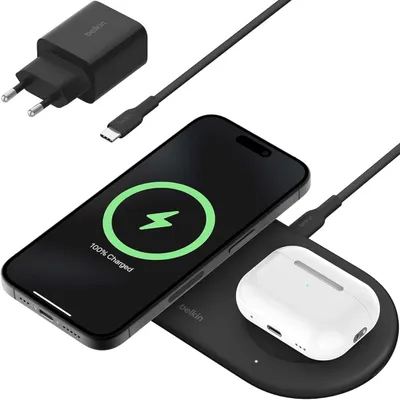Productafbeelding van Belkin BOOST Charge Pro 2-in-1 Qi2 draadloze oplader, 15W, magnetisch, modelnummer: WIZ021vfBK