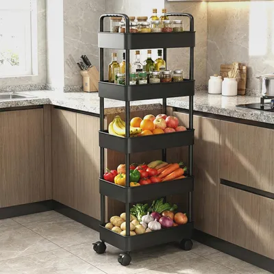 Produktbild von Küchen Aufbewahrungswagen, 5 Ebenen Küchenwagen Schmal Rollwagen Nischenregal auf Rollen Servierwagen Kunststoff für Bad, Küche, Büro,41 x 28 x 128 cm,Schwarz