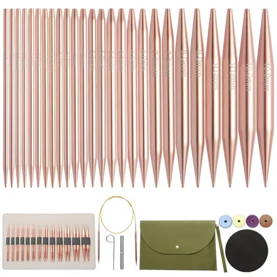 Immagine prodotto di Set di 13 paia di ferri circolari intercambiabili, da 3 a 10 mm, in alluminio color rosa oro, con 4 cavi e custodia