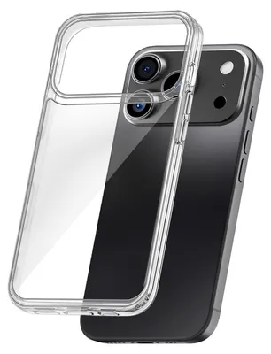 A clear phone case is shown next to a smartphone.