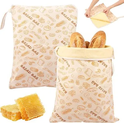 Produktbild von Pack mit 2 wiederverwendbaren Bienenwachstücher, 43 cm x 33 cm, mit Verschluss und Tragegriff, natürliche Bienenwachstücher für Brot, Küchenaccessoire