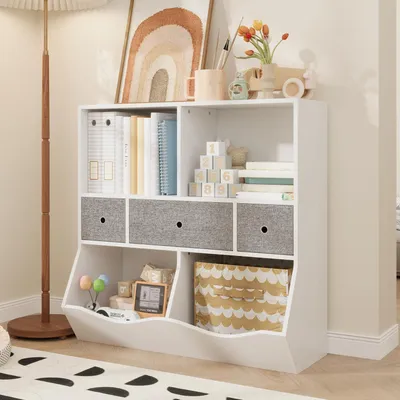 Immagine prodotto di Scaffale per bambini a 3 ripiani, 93x29x93 cm, bianco, con contenitori in tessuto