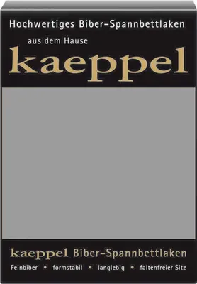 The image shows the packaging of a Kaeppel Biber-Spannbettlaken.