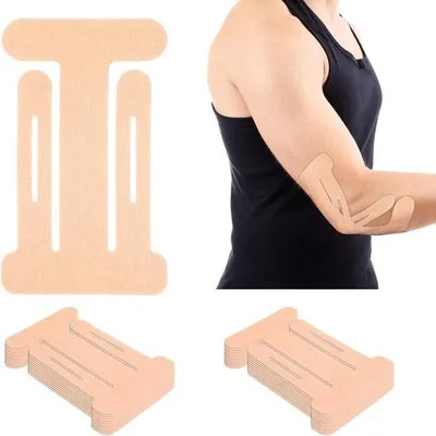 Obrázek produktu pro 15 kusů předupravených kineziologických tejpů na lokty, bezlatexové tejpy na ramena a lokty, sportovní tejpy, předupravené kineziologické tejpy, sportovní tejpy, podpůrné, pružné a prodyšné, béžové