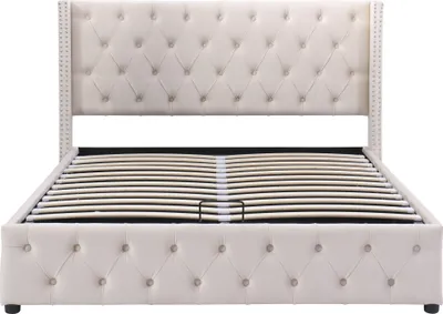 Produktbild von Flieks Polsterbett 140x200cm mit Lattenrost, Hydraulisches Boxspringbett mit Bettkasten und Stauraum, Samt Doppelbett Stauraumbett Funktionsbett, Beige