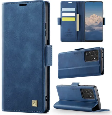 Image de Étui en cuir pour Samsung Galaxy S21 Ultra 5G, protection RFID, fermeture magnétique, fentes pour cartes et support Bleu