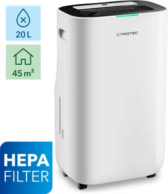 Produktbild von Trotec Luftentfeuchter TTK 70 HEPA (Plus), 45 m² / 110 m³, max. 20 l/24 h Entfeuchtungsleistung, HEPA Filtration, Wäschetrocknung, Farb-LED-Anzeige Raumluftqualität, für Allergiker