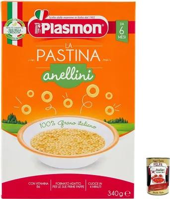 Produktbild von 6x Plasmon Anellini Pastina Infanzia Svezzamento Dai 6 Mesi 340 Grammi + Italian Gourmet polpa 400g