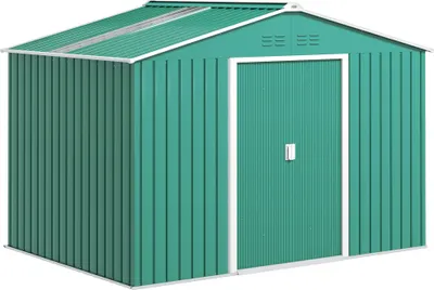 Produktbild von Outsunny Gartenhaus mit Sockel und doppelten Schiebetüren, Gartenhäuschen aus Stahl, 277x195x192 cm, Dunkelgrün