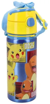 Produktbild von Aluminium Trinkflasche mit Strohhalm 600ml Automatische Öffnung Flasche für Kinder (Pokémon)