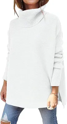 Produktbild von ASKSA Damen Rollkragenpullover Strickpullover Einfarbig Fledermausärmel Pullover, Weiß, S