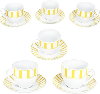 Zdjęcie produktu dla Dzielone żółte filiżanki do kawy w paski ze spodkami dla 6 osób porcelana do herbaty w paski