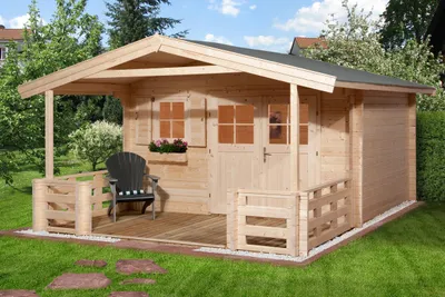 Produktbild von WEKA 136.3838.44.00 Premium Gartenhaus/Blockbohlenhaus Kempten 3 Vordach (200 cm)/Terasse (200 cm)/Doppeltür/Einzelfenster ; Größe: 2 ; Farbgebung: Naturbelassen ; Wandstärke: 45 mm ; Maße (LxBxH): 580 cm x 380 cm x 262 cm ; Seitenwandhöhe: 210 cm
