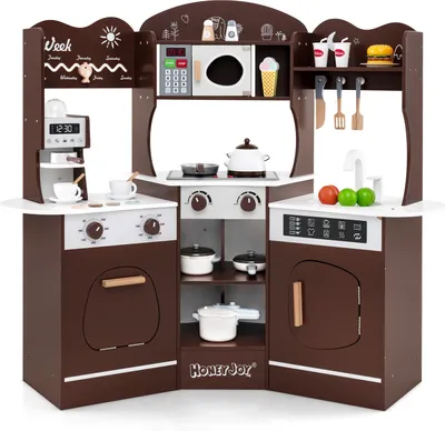 Produktbild von COSTWAY Eck Spielküche Holz, Kinderküche mit Sound & Licht, Spielset mit Rutsche, Mikrowelle, Ofen, Kaffee- & Waschmaschine, für Kinder 3+ Braun