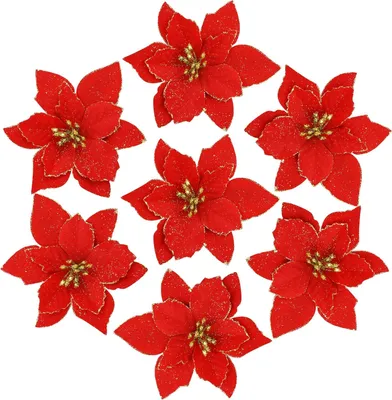 A group of artificial red poinsettias with glittery gold centers arranged in a hexagonal pattern on a white background.