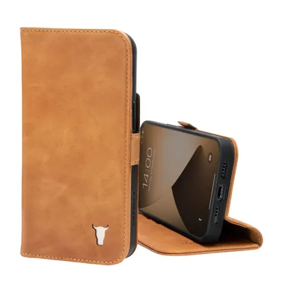 A brown leather iPhone case with a phone inside, shown in an open position against a white background.