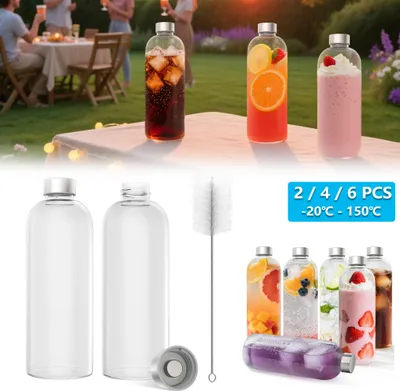Image de LARS360 Lot de 6 gourdes en verre de 1000ml avec bouchon en acier inoxydable - pratique, anti-fuite, réutilisable, pour boissons chaudes & froides, bureau & maison