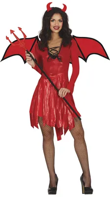 Productafbeelding van Demon kostuum, inclusief vleugels, diadeem en drietand. Geschikt voor Halloween of carnaval. Kleur: rood en zwart. Maat: 38 - 40 (M)