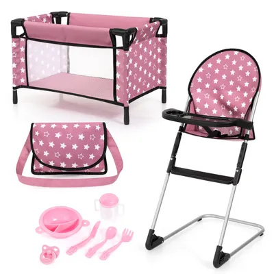 Produktbild von Bayer Design 61776AB Puppenhochstuhl, Puppenbett, Tasche, Schnuller, Puppenzubehör