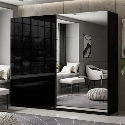 Produktbild von LINA Kleiderschrank Schwebetürenschrank Hochglanz Schwarz / Schwarz hochglanz 244 cm Schrankversion: Hochglanz+ Spiegel