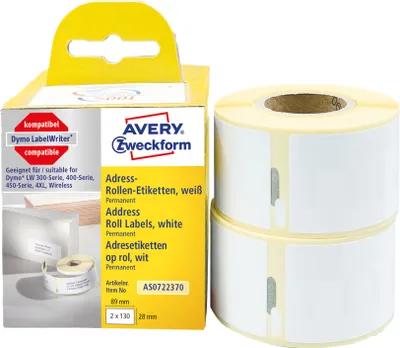 Produktbild von Avery Zweckform AS0722370, Rollen-Etiketten, 28 x 89  mm, 260 Etiketten / 2 Rollen, weiß