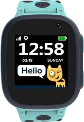 A close-up of a blue smartwatch with a black bezel, displaying the time, date, and a cartoon cat.