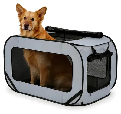 Produktbild von Faltbare Hundetransportbox, 94 * 53 * 53 cm, stabile Transportbox für Katzen und Hunde bis 25 kg, Haustiertransportbox für Auto und Zuhause (Grau)