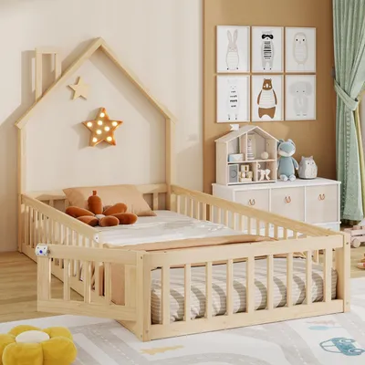 Produktbild von MODFU Holzbett 90x200 Hausbett mit Schornsteinform,Kinderbett Einzelbett aus Kiefernholz mit Lattenrost und Sicherheitsgitter,mit Matratze,Natur