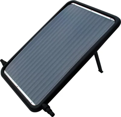 A solar pool absorber is shown on a white background, tilted on its stand.
