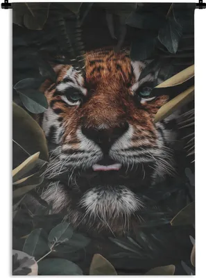Produktbild von MuchoWow® Wandteppich Wandbehang Tiger - Nahaufnahme - Pflanzen 90x135 cm Tapisserie Dekoration Wandtuch - Baumwolle - Wandskulptur