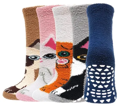 Produktbild von Kinder Kuschelsocken mit Noppen 5 Paar 7-9 Jahre Tier Muster Thermo Haussocken