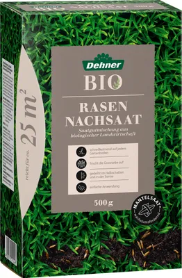 Produktbild von Dehner Bio Saatgut Rasen-Nachsaat, hochwertige Saatgutmischung, raschwüchsig / schnellkeimend, 500 g, für ca. 25 m²