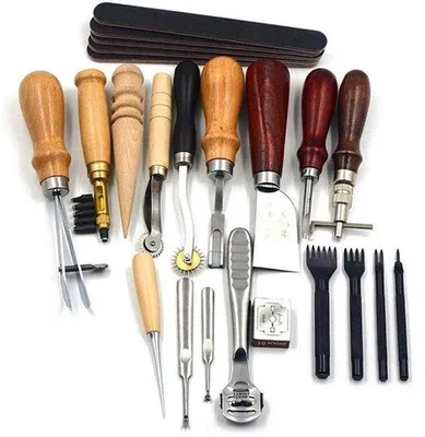 Produktbild von Leergereedschaftsset 19 Stück - Leder- und Metallgerechte Werkzeuge - Lederstempelset - Lacing/Steekbeitel Set - Dauerhaftes Werkzeug - Ideal für DIY-Projekte - Leder- und Metallgerechte Werkzeuge für Handwerker